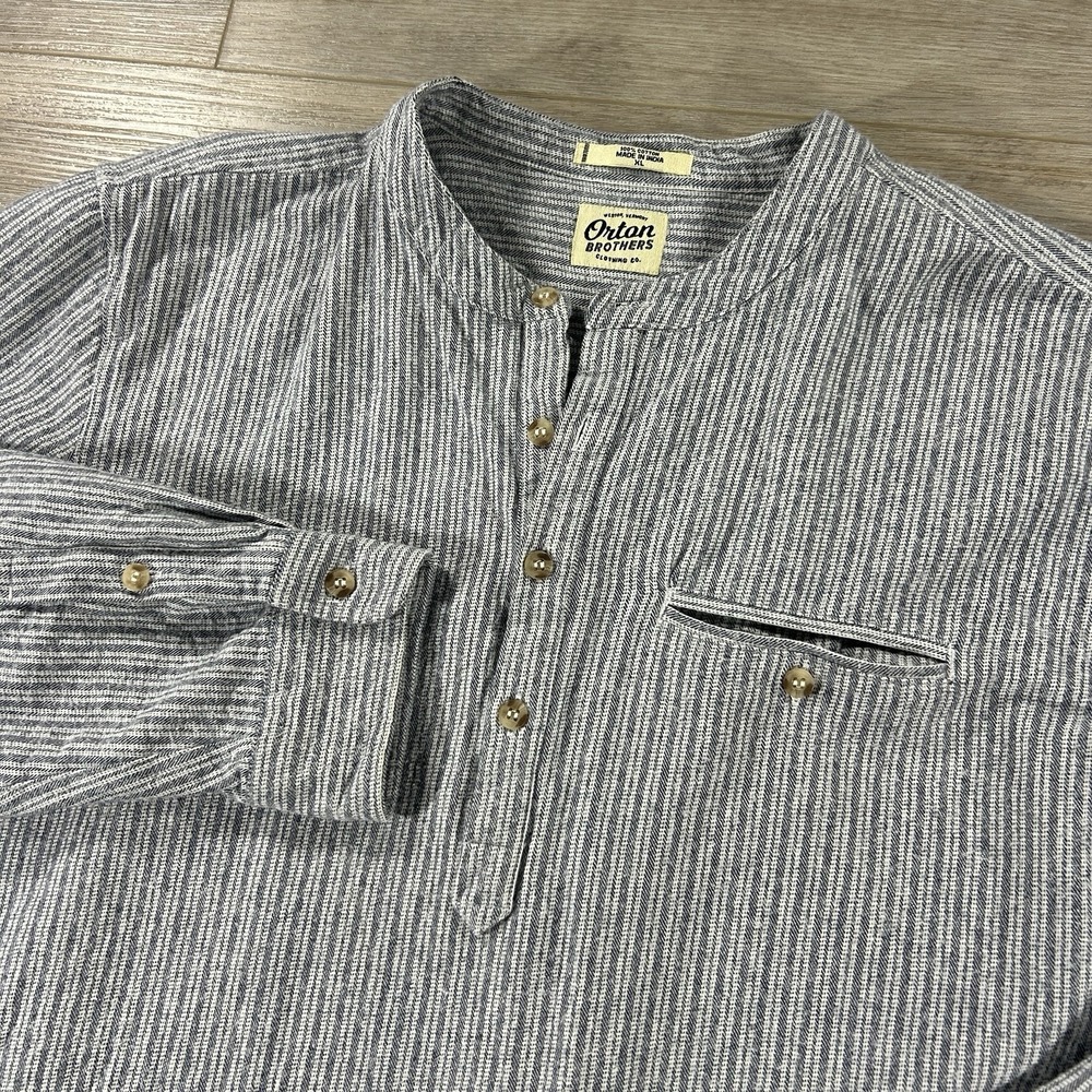 Orton Brothers XL Blue/Gray White Striped Cotton Henley Band Collar Shirt